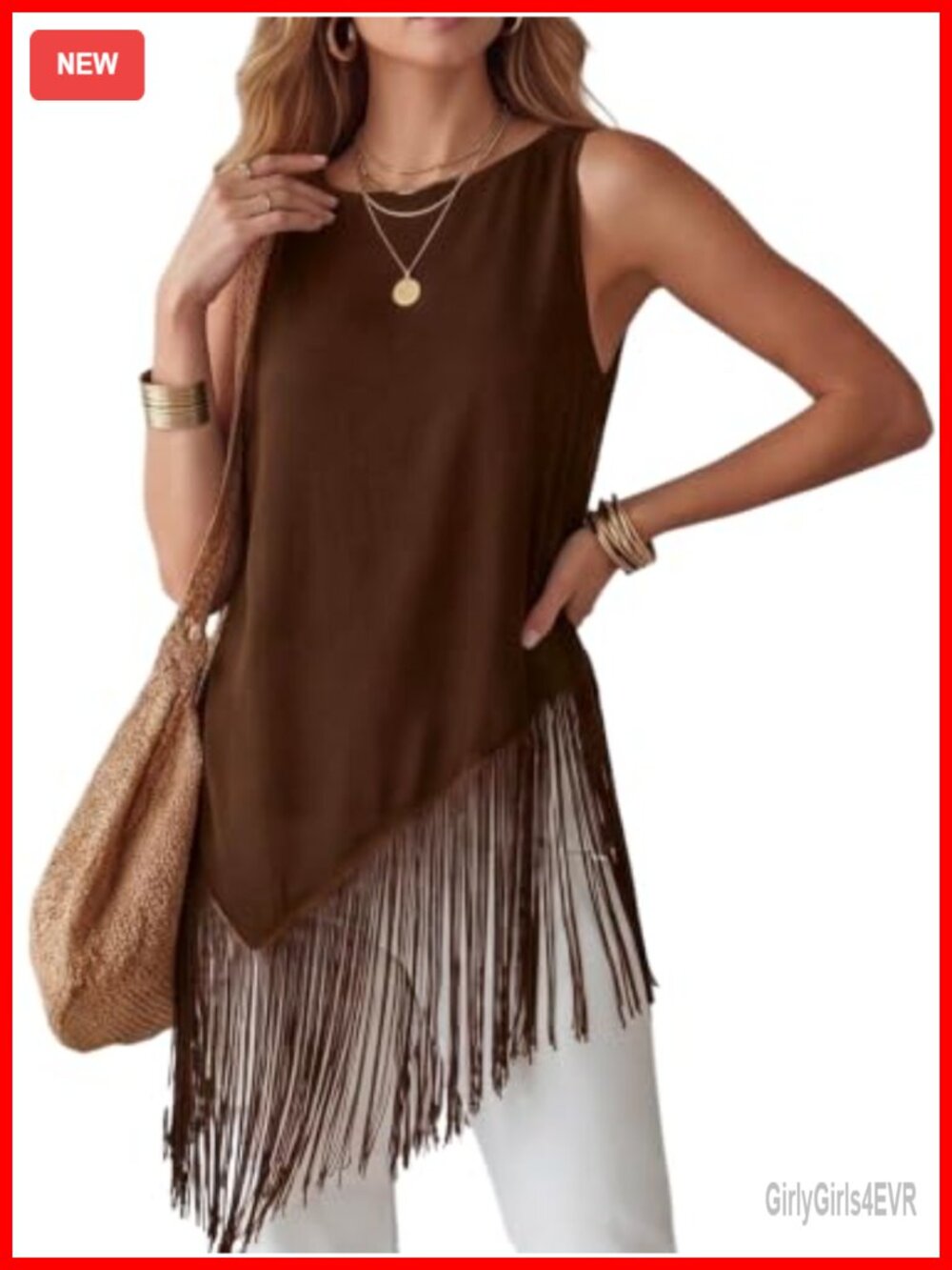 Fringe Hem Sleeveless Crew Neck Tank Top Button Back Asymmetric Blouse